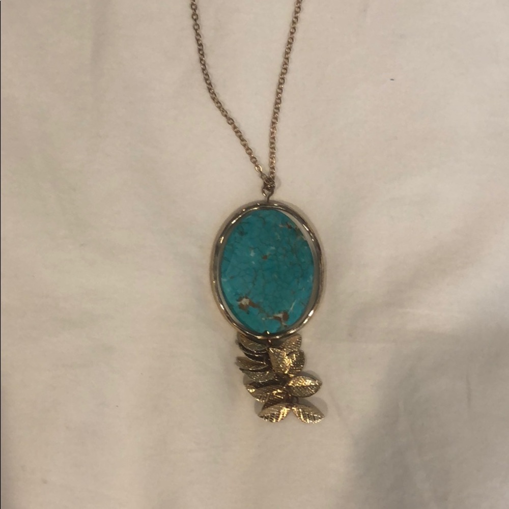 Gold chain turquoise pendant & gold plated leaves